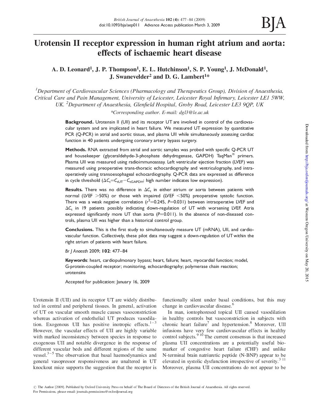 Urotensin II receptor expression in human right atrium and aorta: effects of ischaemic heart disease