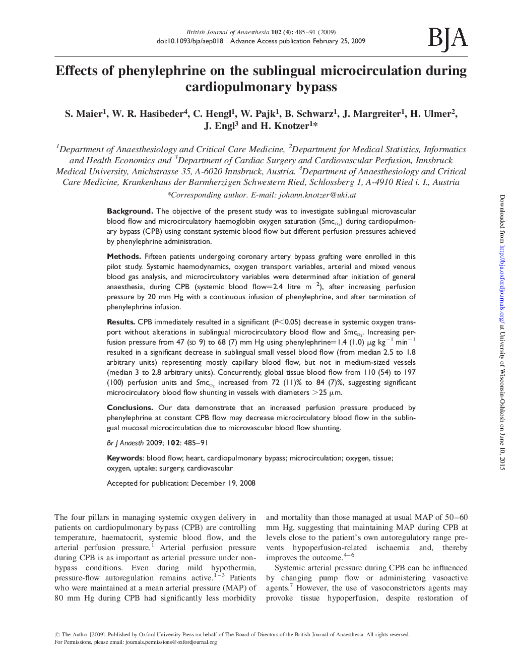 Effects of phenylephrine on the sublingual microcirculation during cardiopulmonary bypass