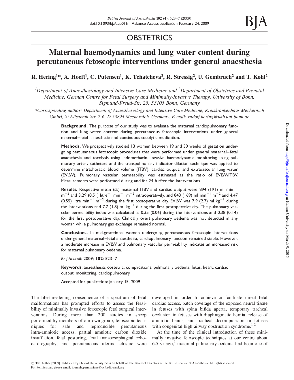 Maternal haemodynamics and lung water content during percutaneous fetoscopic interventions under general anaesthesia