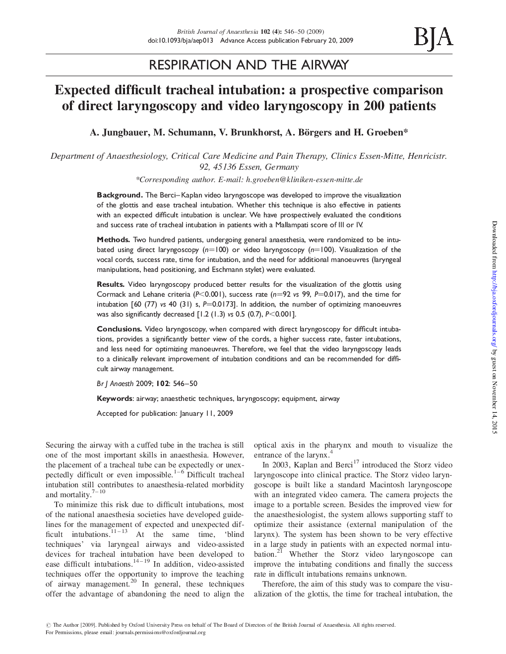 Expected difficult tracheal intubation: a prospective comparison of direct laryngoscopy and video laryngoscopy in 200 patients