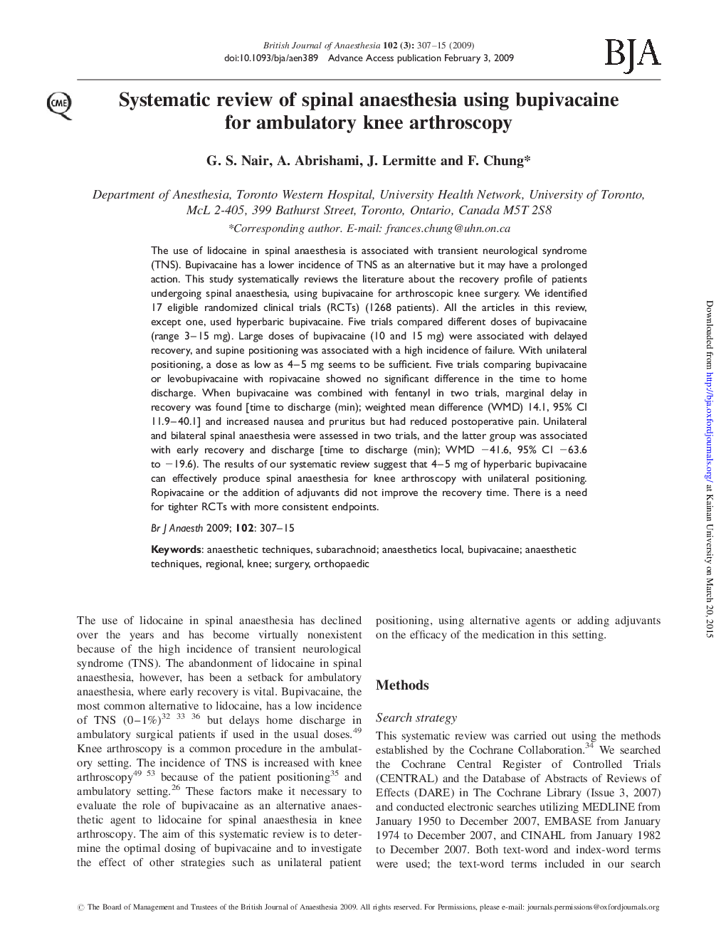 Systematic review of spinal anaesthesia using bupivacaine for ambulatory knee arthroscopy