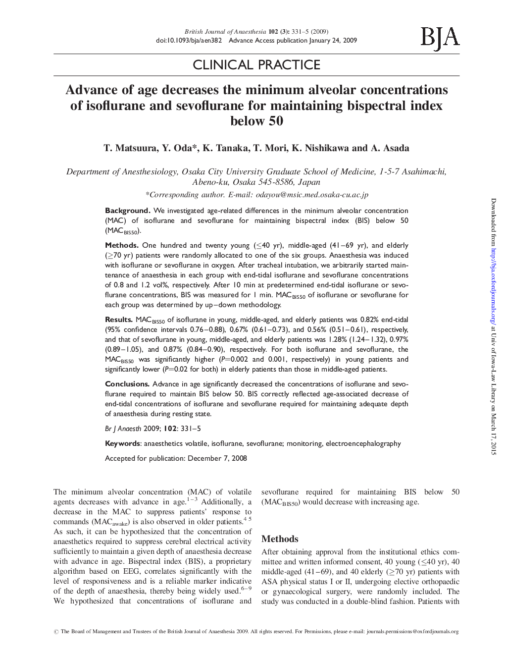 Advance of age decreases the minimum alveolar concentrations of isoflurane and sevoflurane for maintaining bispectral index below 50