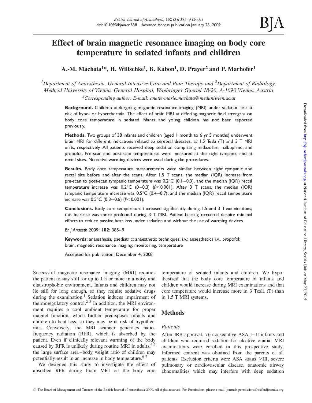 Effect of brain magnetic resonance imaging on body core temperature in sedated infants and children