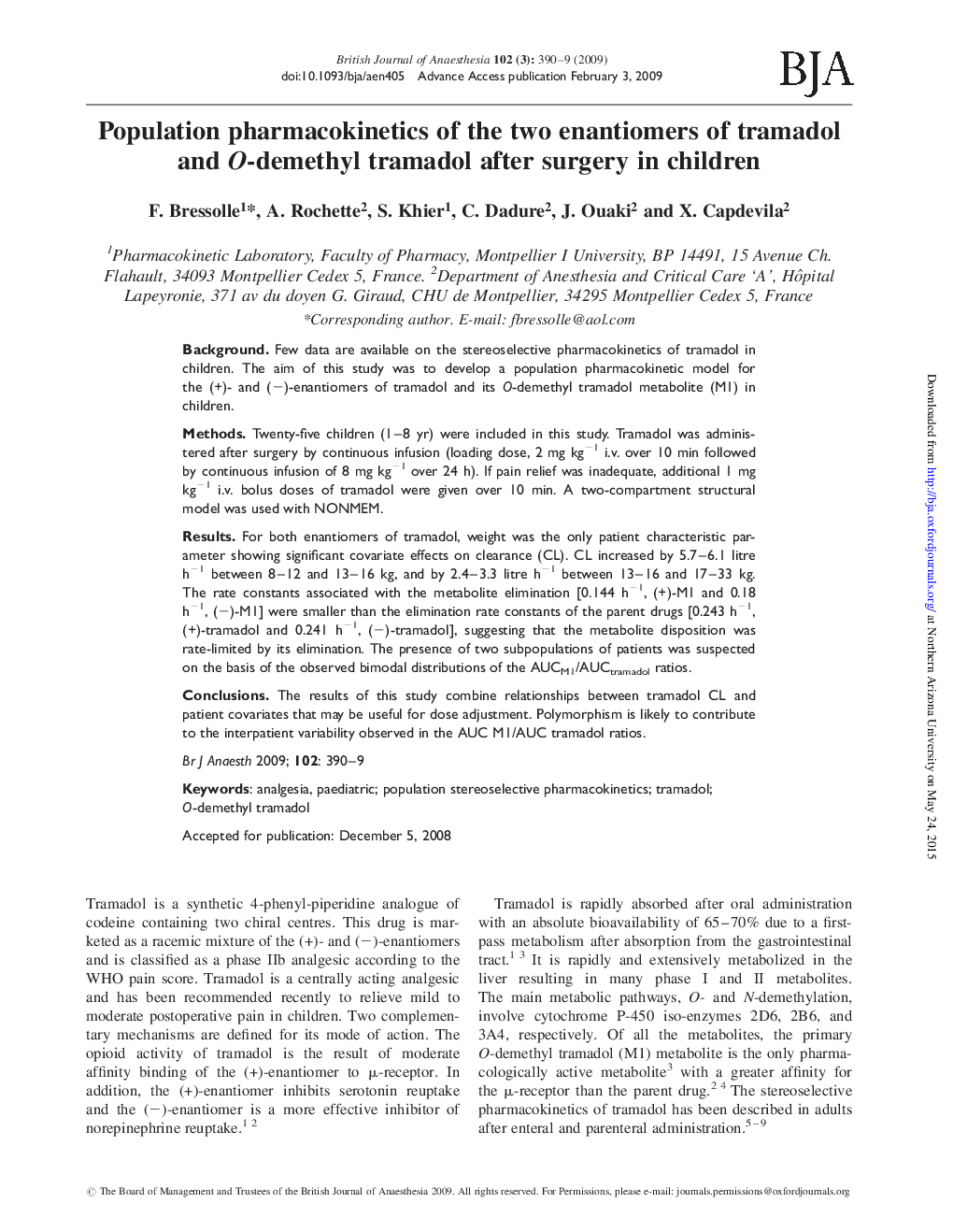 Population pharmacokinetics of the two enantiomers of tramadol and O-demethyl tramadol after surgery in children