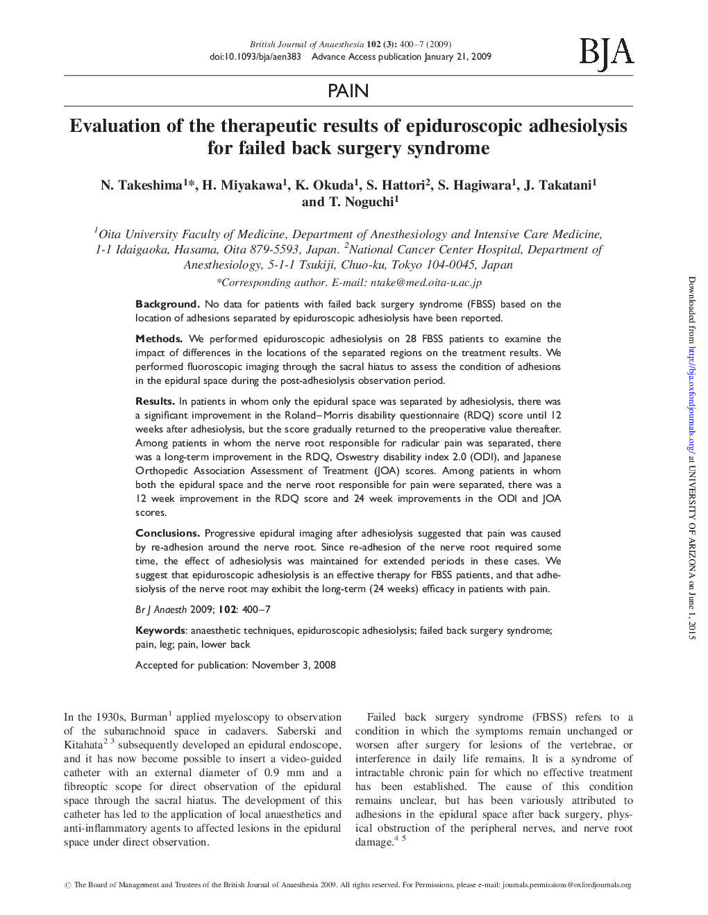 Evaluation of the therapeutic results of epiduroscopic adhesiolysis for failed back surgery syndrome