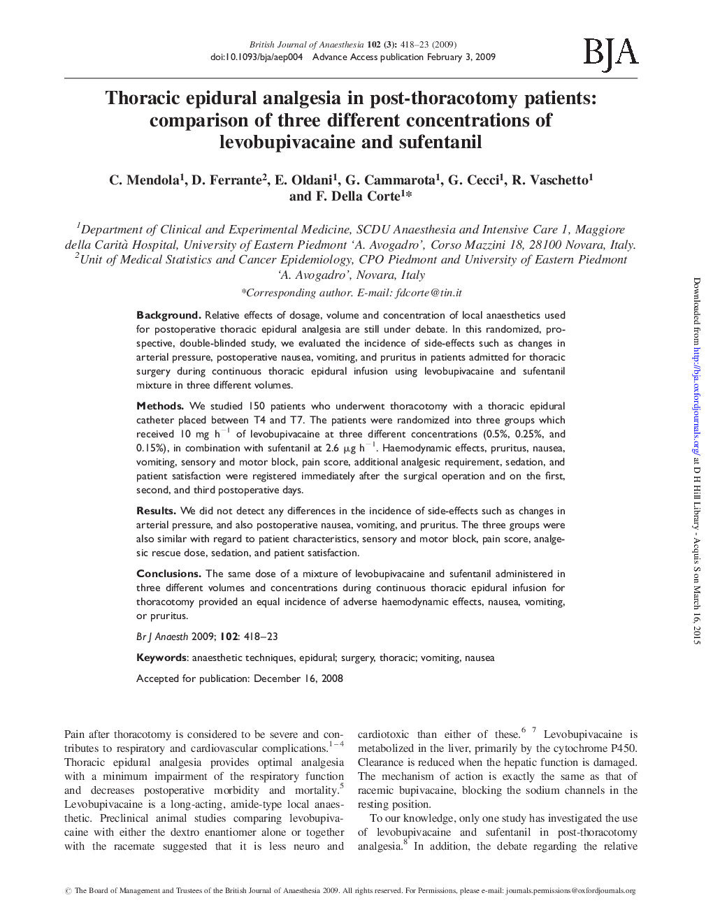 Thoracic epidural analgesia in post-thoracotomy patients: comparison of three different concentrations of levobupivacaine and sufentanil