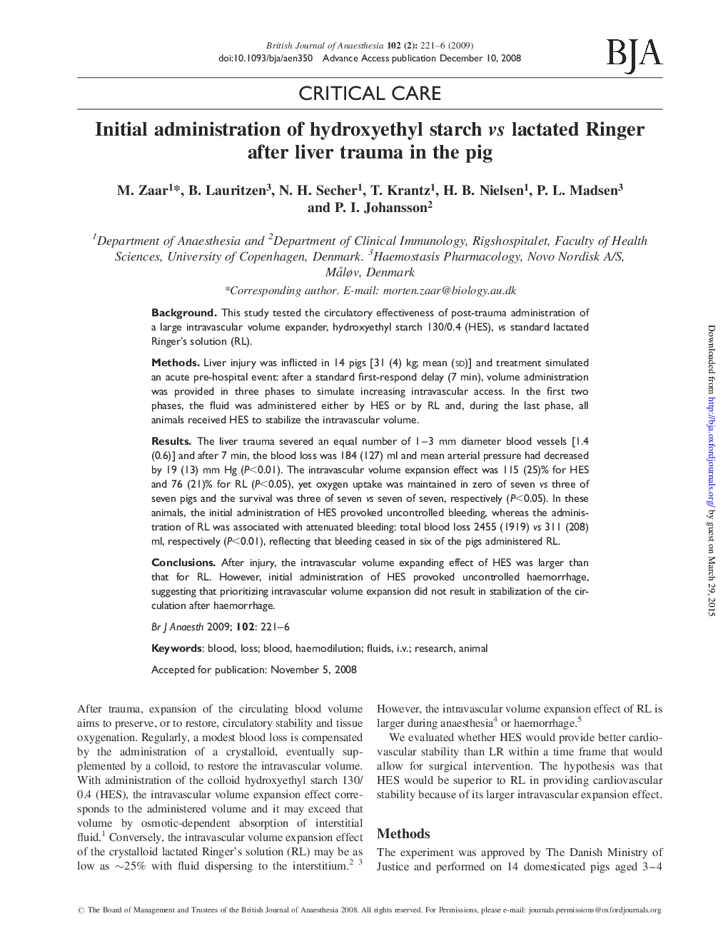 Initial administration of hydroxyethyl starch vs lactated Ringer after liver trauma in the pig