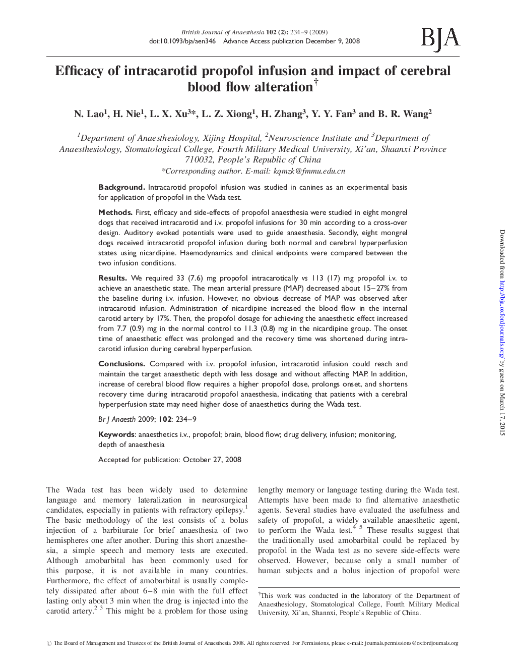 Efficacy of intracarotid propofol infusion and impact of cerebral blood flow alterationâ 