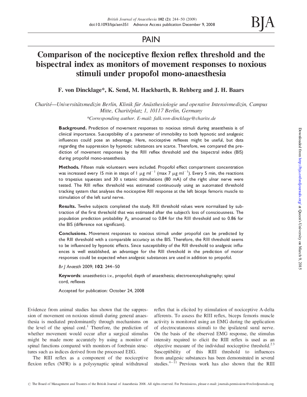 Comparison of the nociceptive flexion reflex threshold and the bispectral index as monitors of movement responses to noxious stimuli under propofol mono-anaesthesia