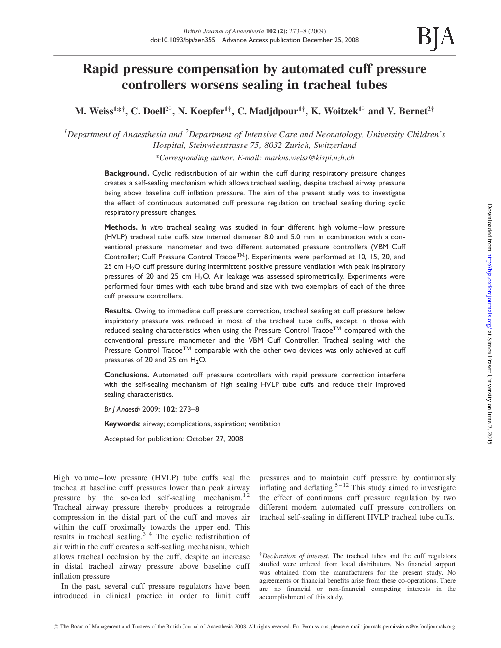 Rapid pressure compensation by automated cuff pressure controllers worsens sealing in tracheal tubes