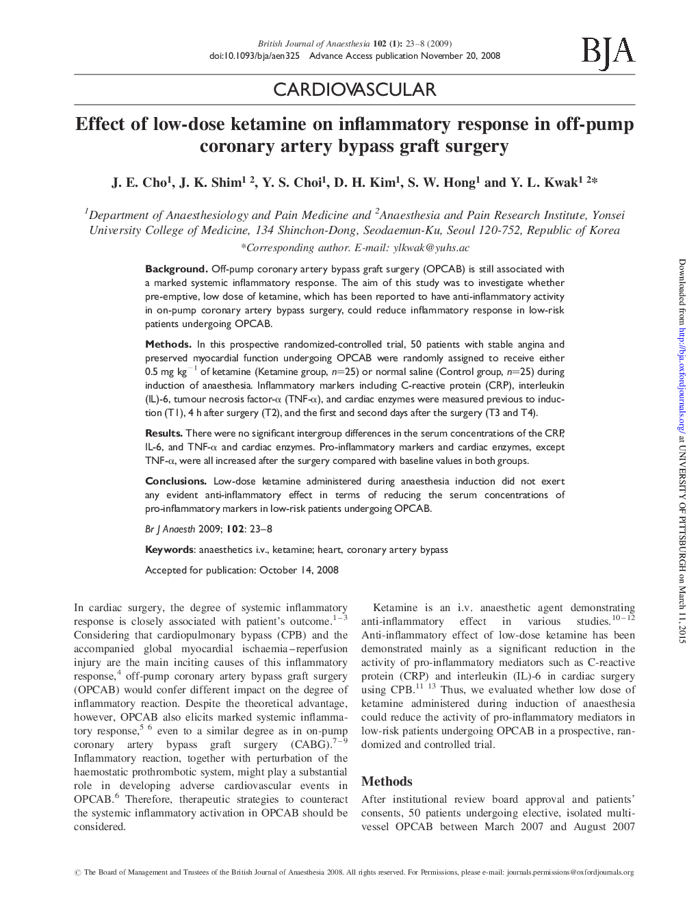 Effect of low-dose ketamine on inflammatory response in off-pump coronary artery bypass graft surgery