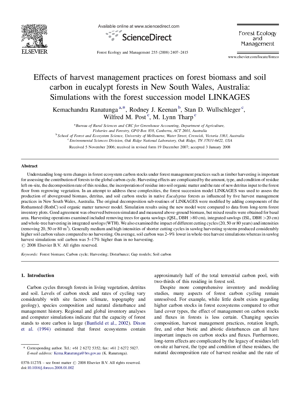 Effects of harvest management practices on forest biomass and soil carbon in eucalypt forests in New South Wales, Australia: Simulations with the forest succession model LINKAGES