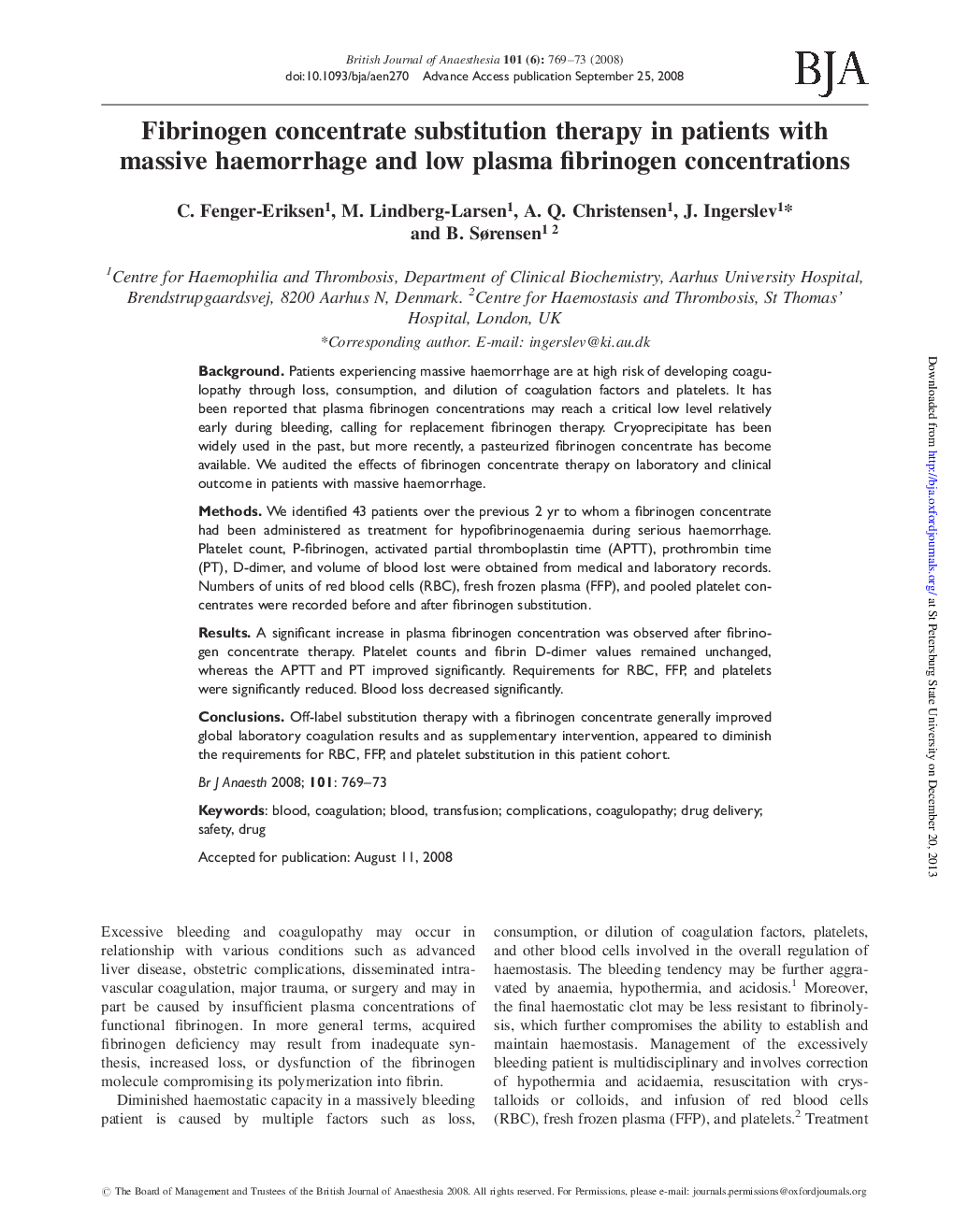 Fibrinogen concentrate substitution therapy in patients with massive haemorrhage and low plasma fibrinogen concentrations