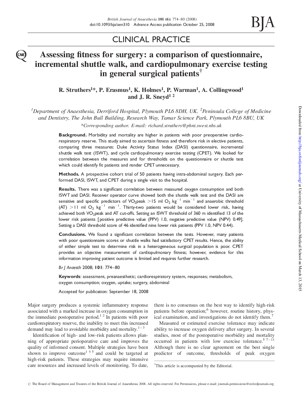 عکس صفحه اول مقاله: Assessing fitness for surgery: a comparison of questionnaire, incremental shuttle walk, and cardiopulmonary exercise testing in general surgical patientsâ Assessing fitness for surgery: a comparison of questionnaire, incremental shuttle walk, and cardiopulmonary exercise testing in general surgical patientsâ