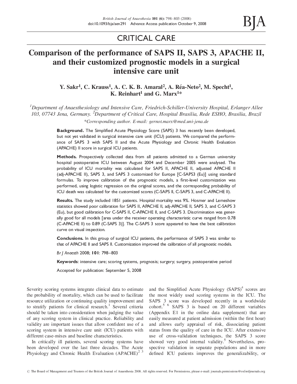 Comparison of the performance of SAPS II, SAPS 3, APACHE II, and their customized prognostic models in a surgical intensive care unit