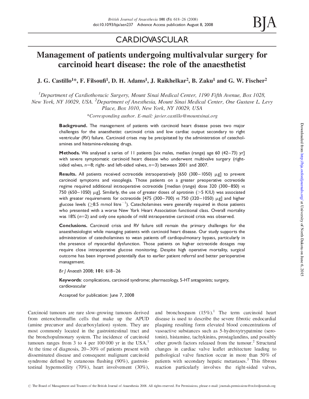 Management of patients undergoing multivalvular surgery for carcinoid heart disease: the role of the anaesthetist