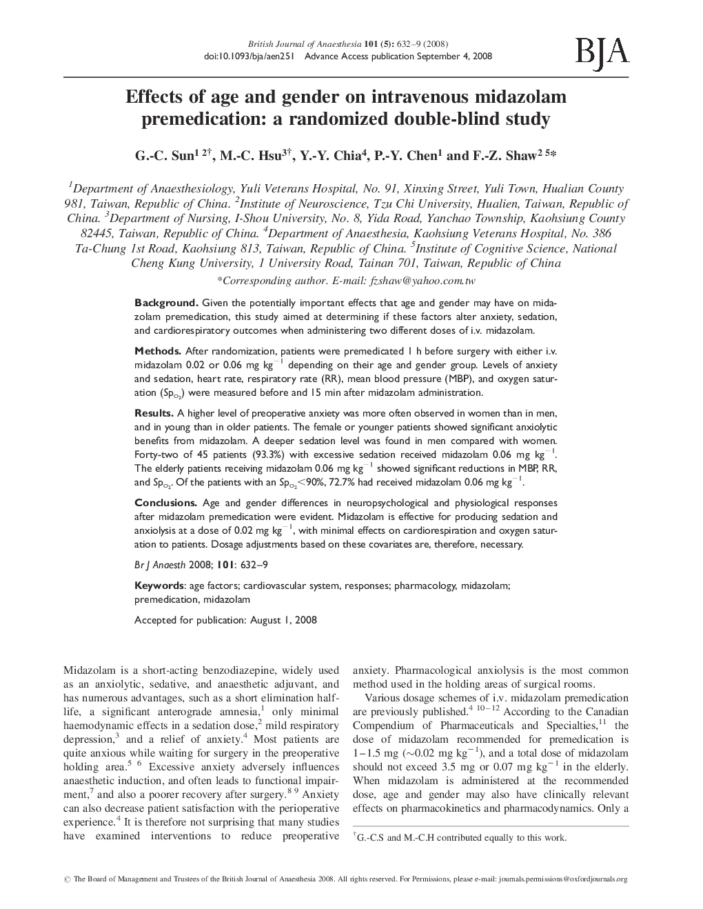 Effects of age and gender on intravenous midazolam premedication: a randomized double-blind study