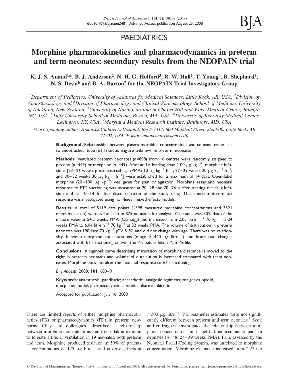 Morphine pharmacokinetics and pharmacodynamics in preterm and term neonates: secondary results from the NEOPAIN trial