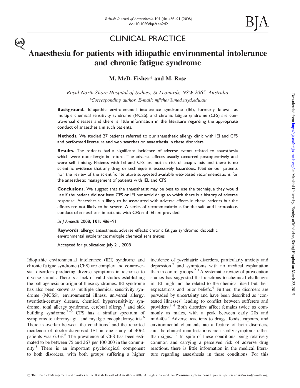 Anaesthesia for patients with idiopathic environmental intolerance and chronic fatigue syndrome