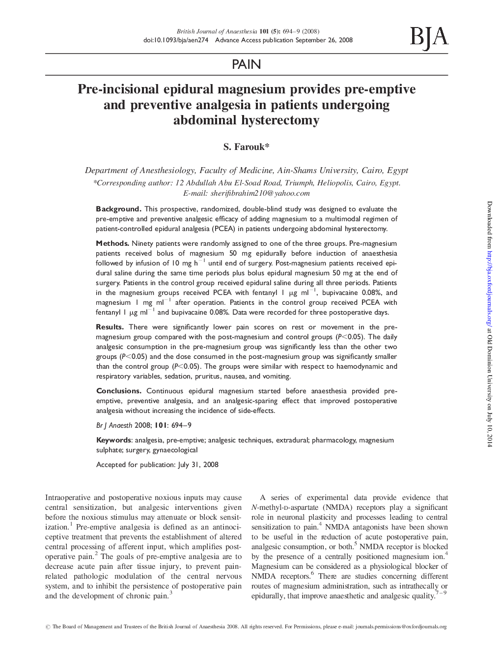 Pre-incisional epidural magnesium provides pre-emptive and preventive analgesia in patients undergoing abdominal hysterectomy