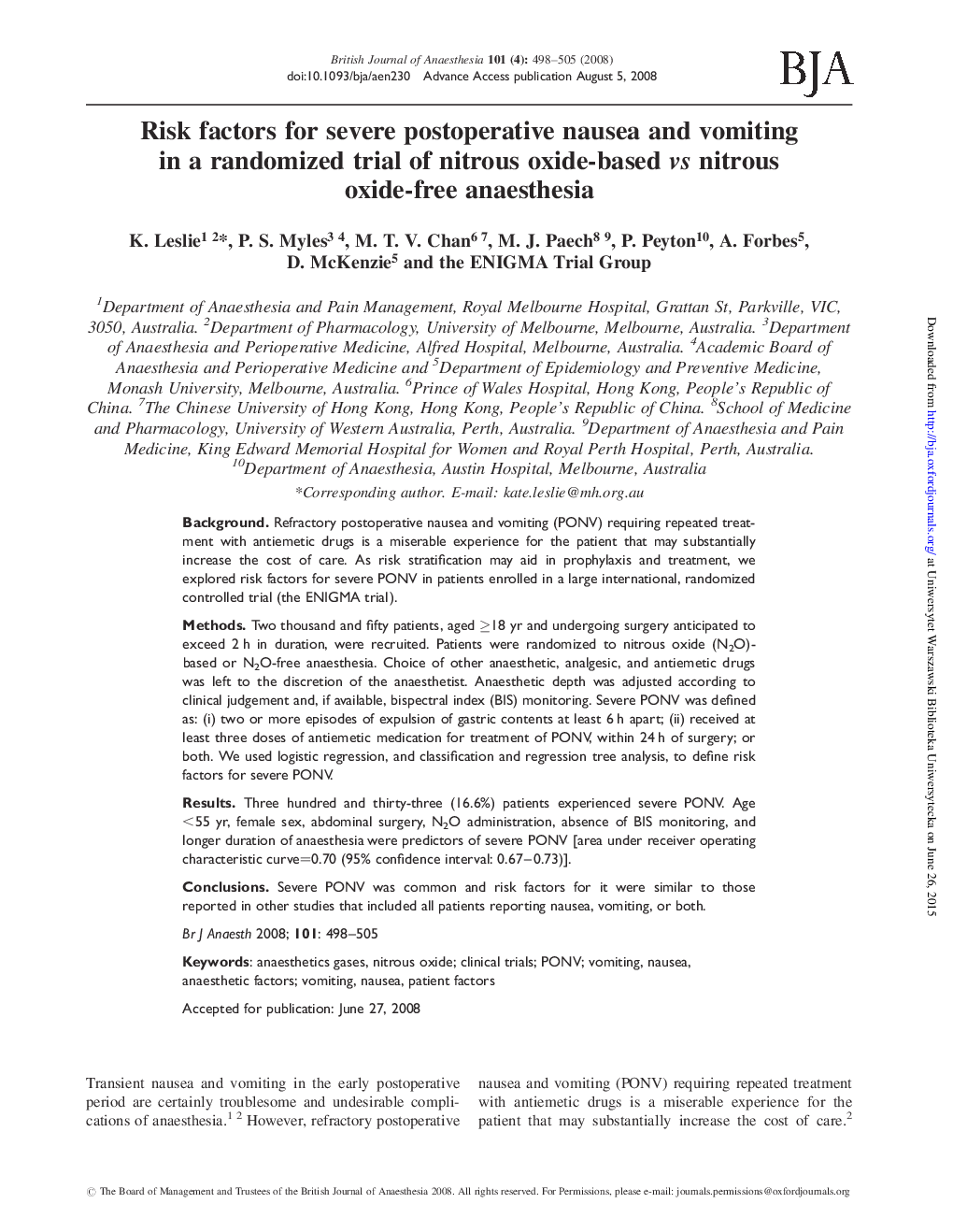 Risk factors for severe postoperative nausea and vomiting in a randomized trial of nitrous oxide-based vs nitrous oxide-free anaesthesia