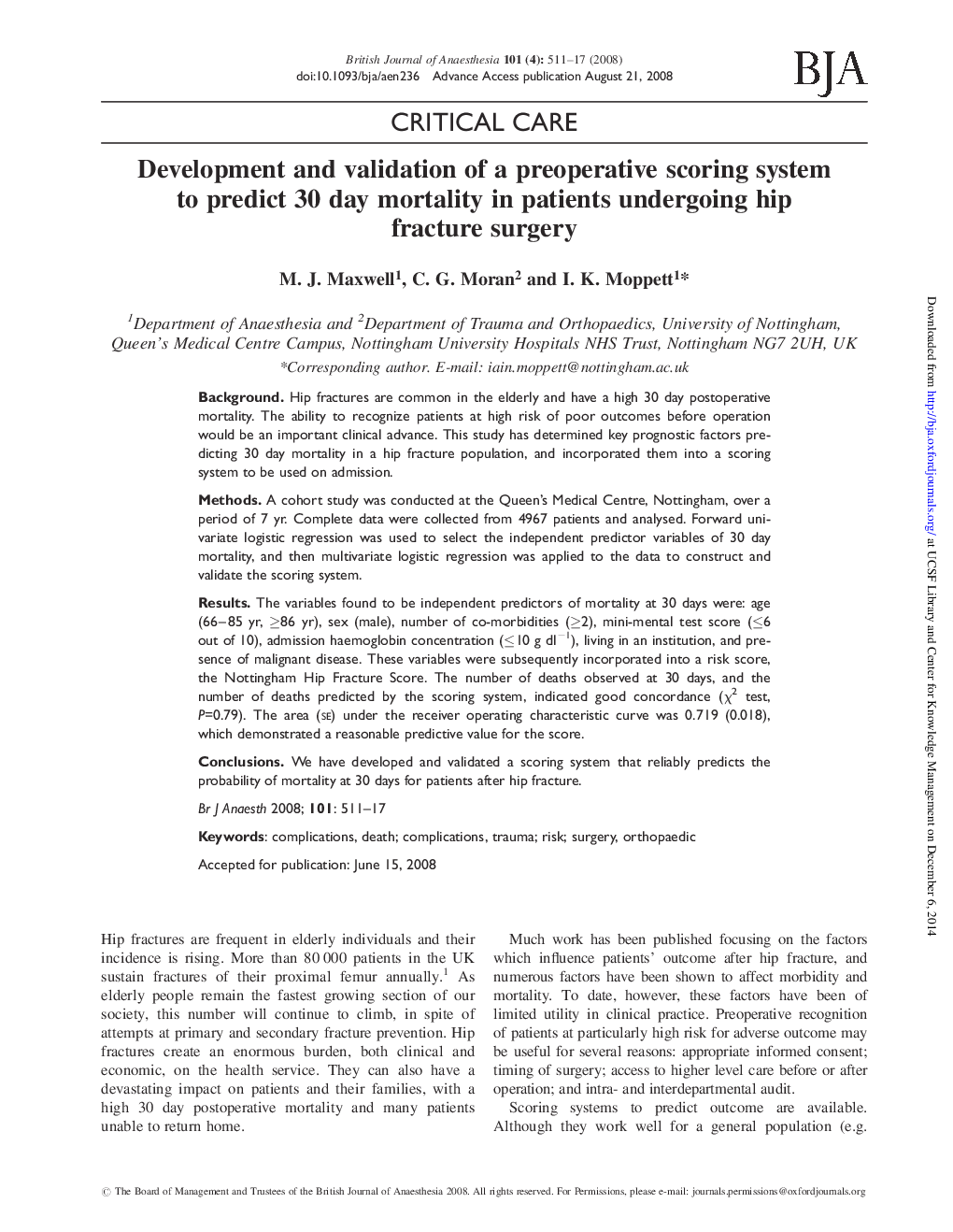 Development and validation of a preoperative scoring system to predict 30 day mortality in patients undergoing hip fracture surgery