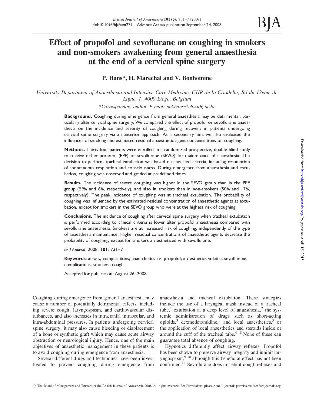 Effect of propofol and sevoflurane on coughing in smokers and non-smokers awakening from general anaesthesia at the end of a cervical spine surgery