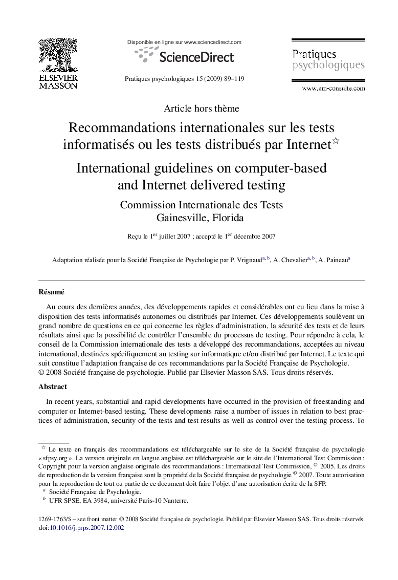 Recommandations internationales sur les tests informatisés ou les tests distribués par Internet 