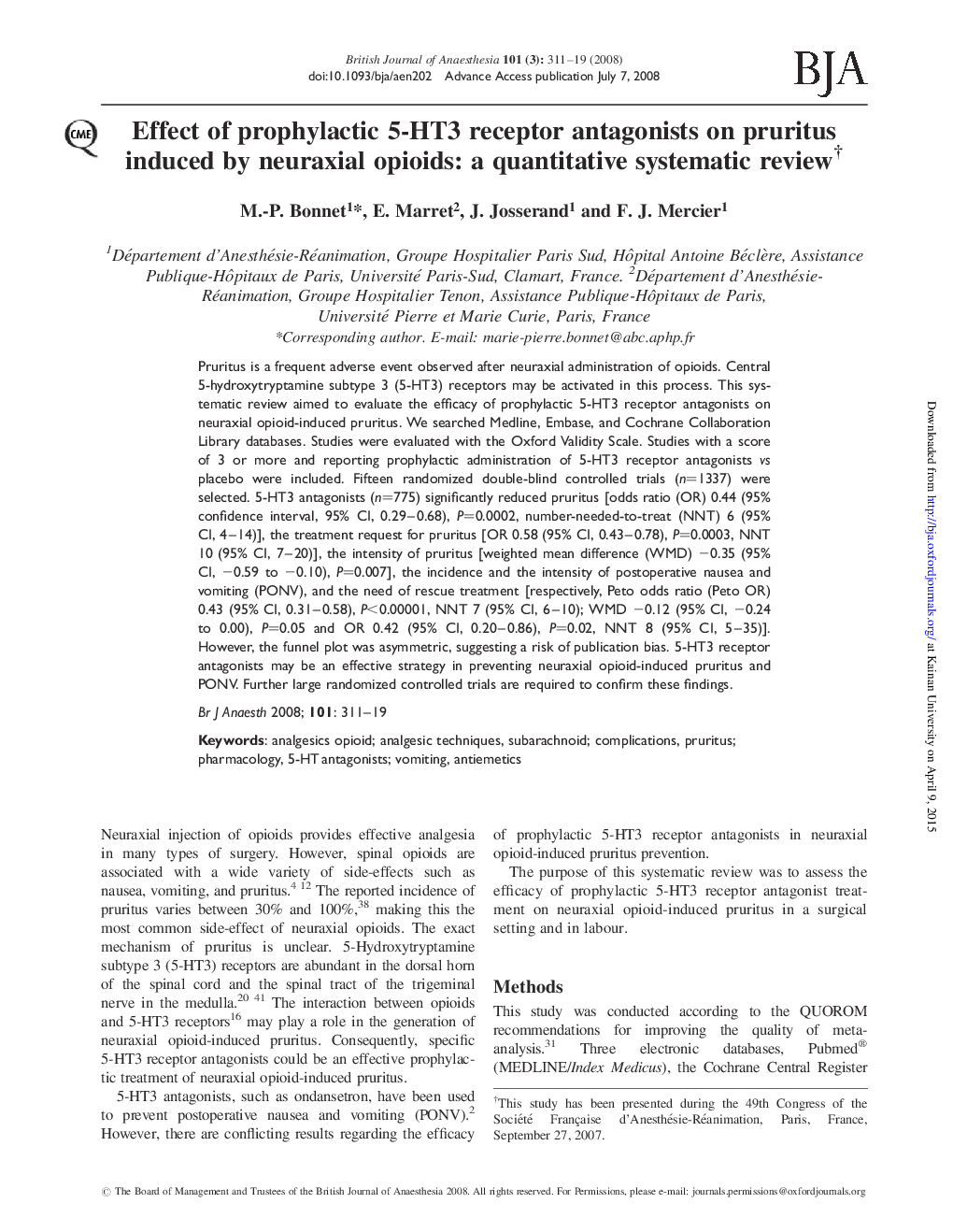 Effect of prophylactic 5-HT3 receptor antagonists on pruritus induced by neuraxial opioids: a quantitative systematic reviewâ 