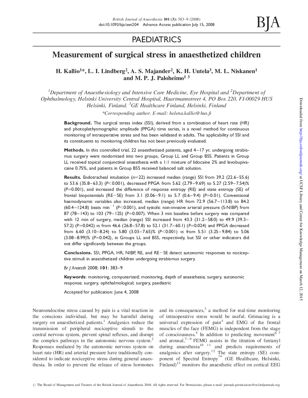 Measurement of surgical stress in anaesthetized children