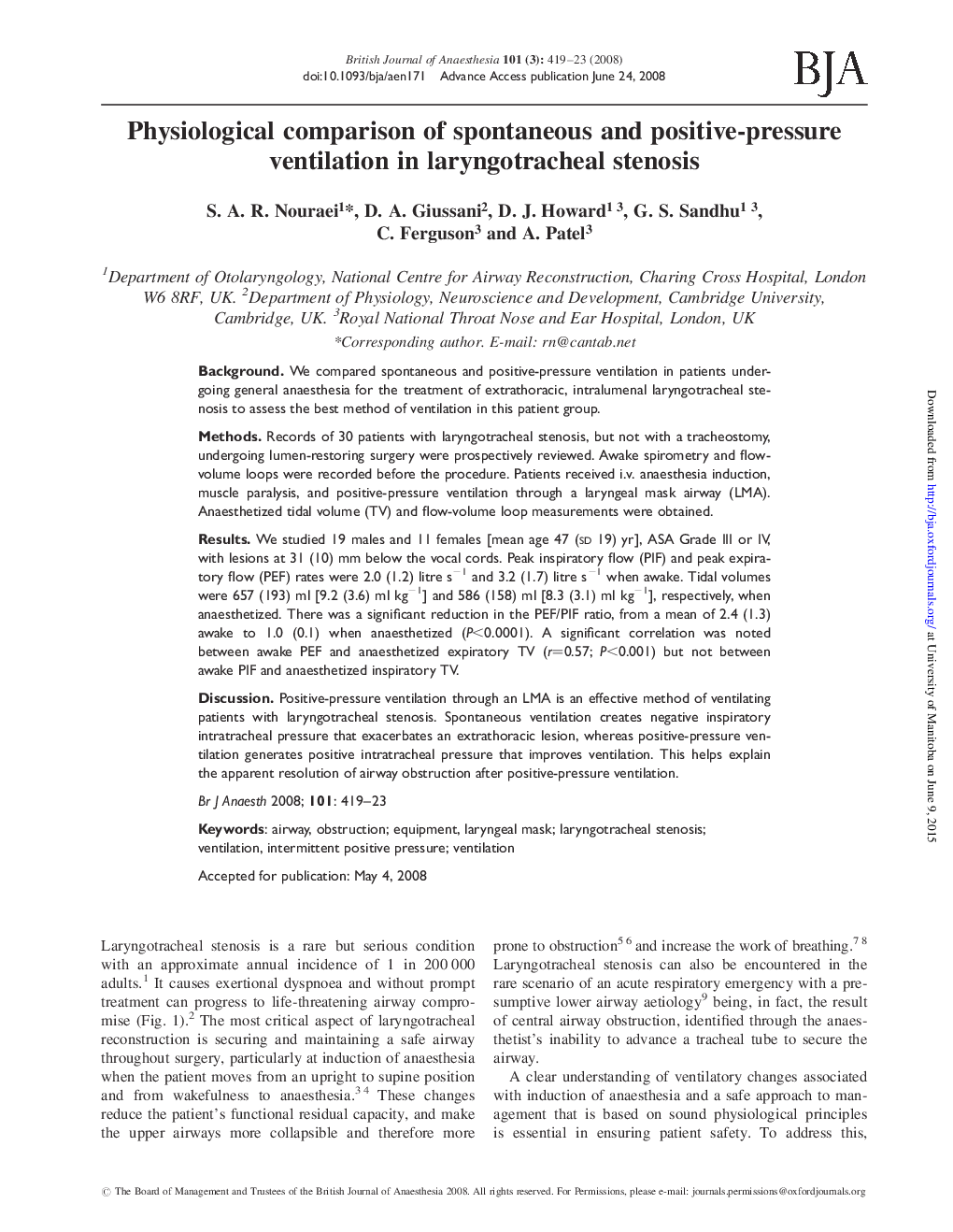 Physiological comparison of spontaneous and positive-pressure ventilation in laryngotracheal stenosis