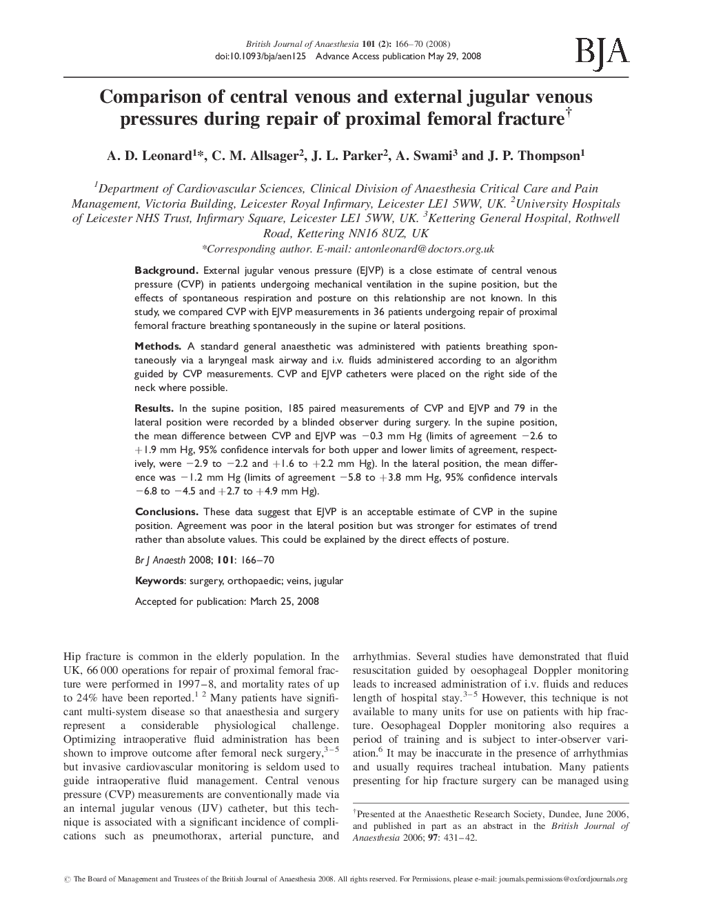 Comparison of central venous and external jugular venous pressures during repair of proximal femoral fractureâ 