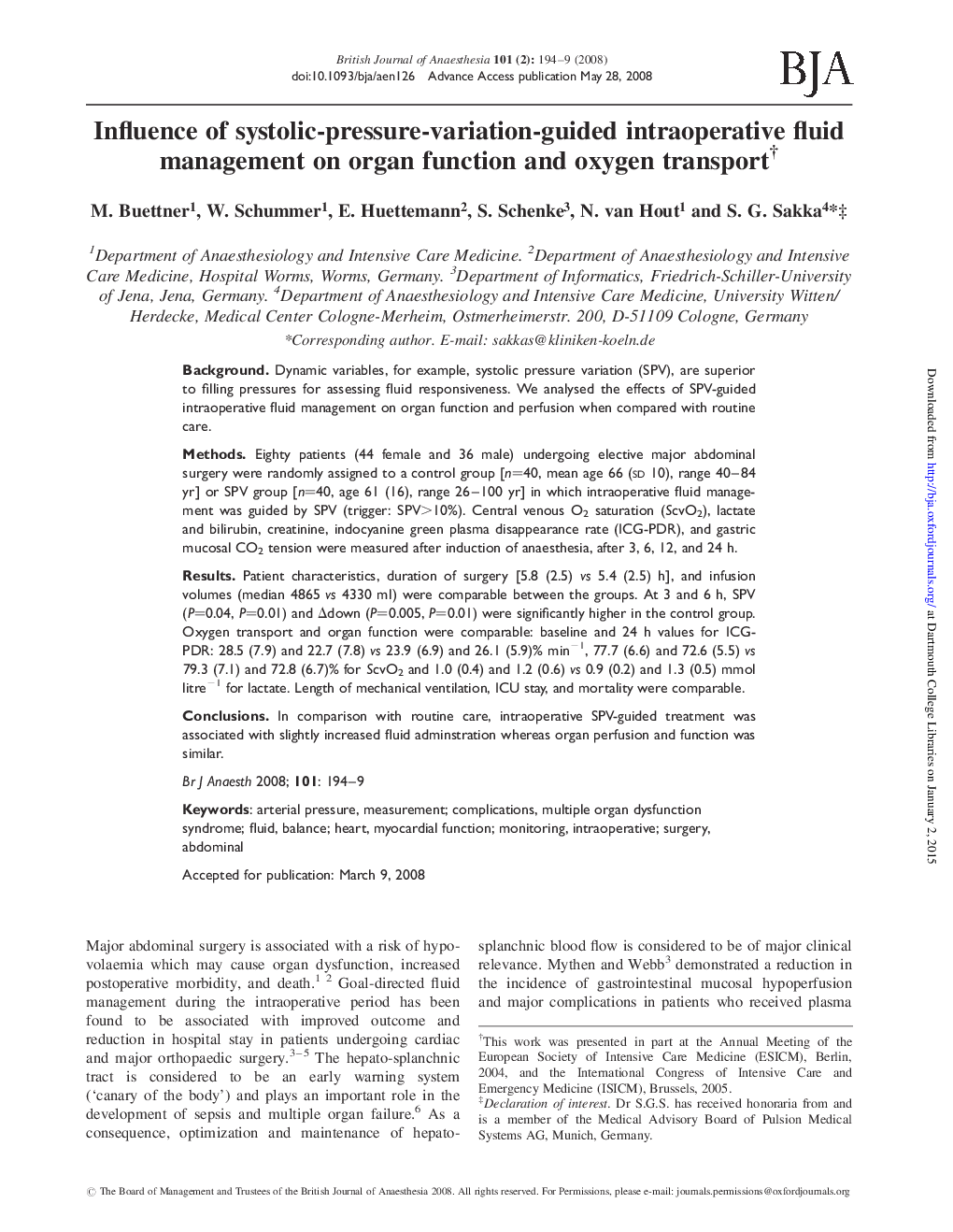 Influence of systolic-pressure-variation-guided intraoperative fluid management on organ function and oxygen transportâ 