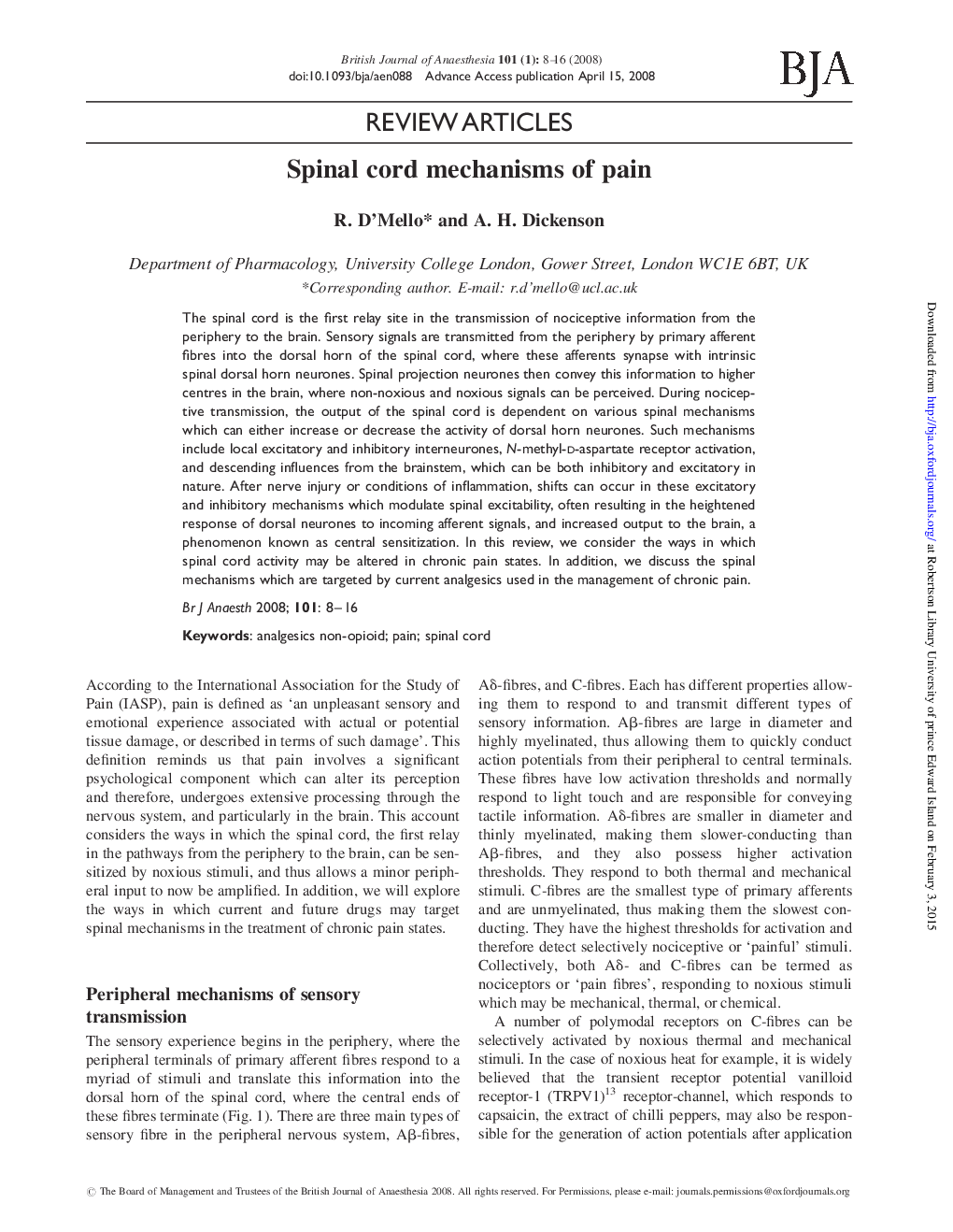 Spinal cord mechanisms of pain