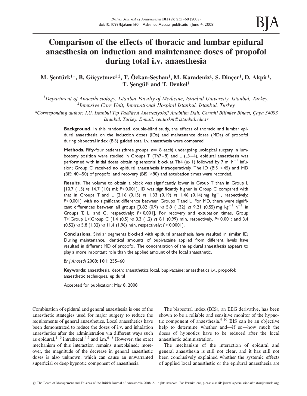 Comparison of the effects of thoracic and lumbar epidural anaesthesia on induction and maintenance doses of propofol during total i.v. anaesthesia