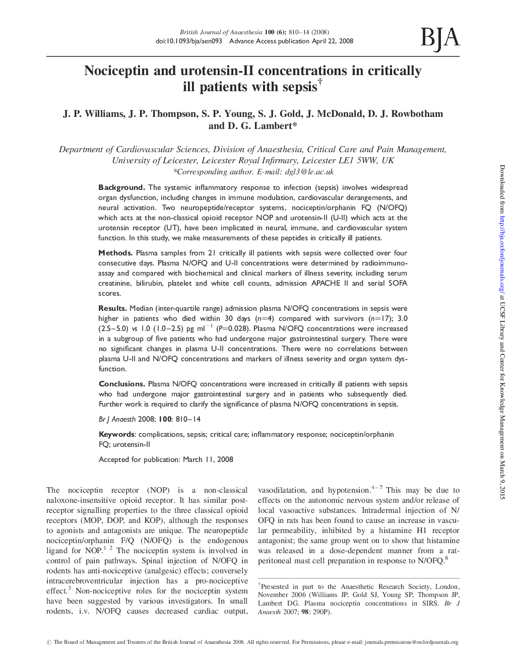 Nociceptin and urotensin-II concentrations in critically ill patients with sepsisâ 