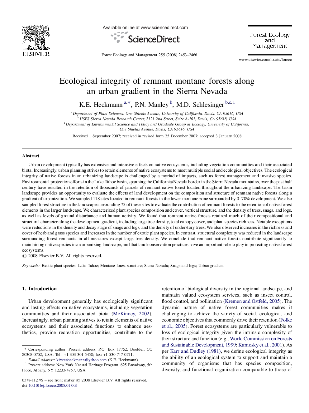 Ecological integrity of remnant montane forests along an urban gradient in the Sierra Nevada