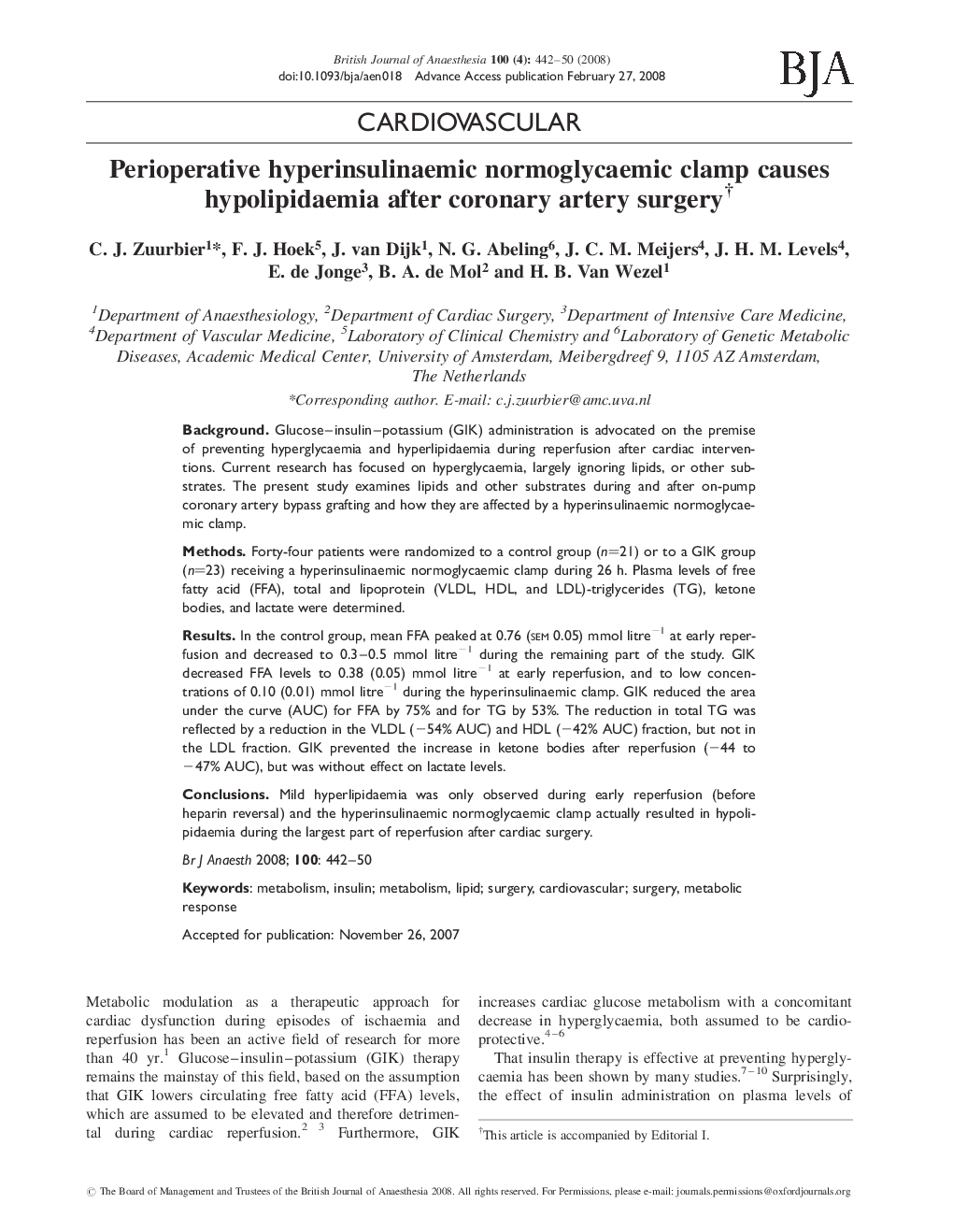 Perioperative hyperinsulinaemic normoglycaemic clamp causes hypolipidaemia after coronary artery surgeryâ 