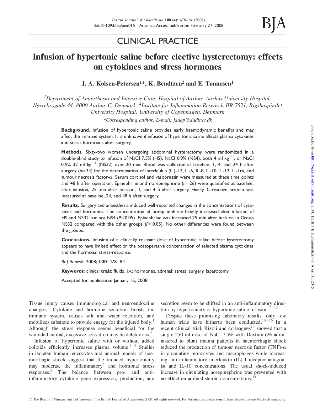 Infusion of hypertonic saline before elective hysterectomy: effects on cytokines and stress hormones