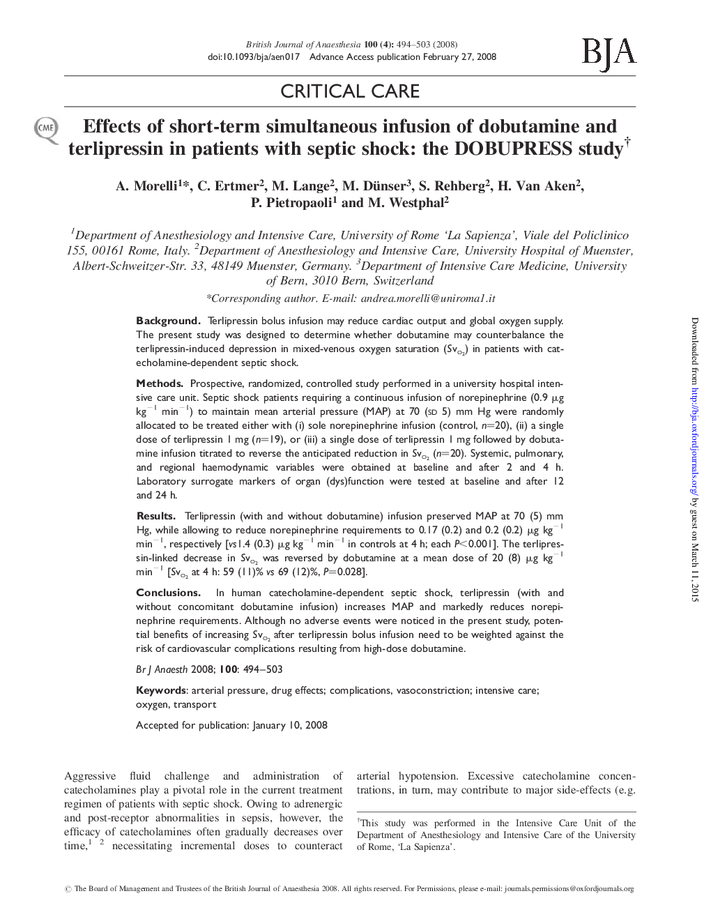 Effects of short-term simultaneous infusion of dobutamine and terlipressin in patients with septic shock: the DOBUPRESS studyâ 