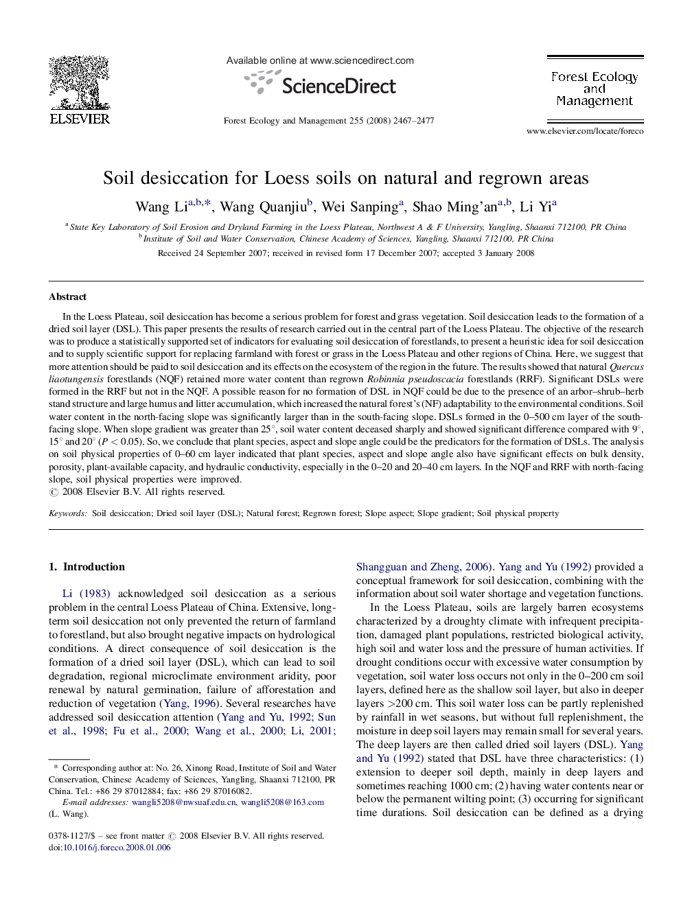 Soil desiccation for Loess soils on natural and regrown areas