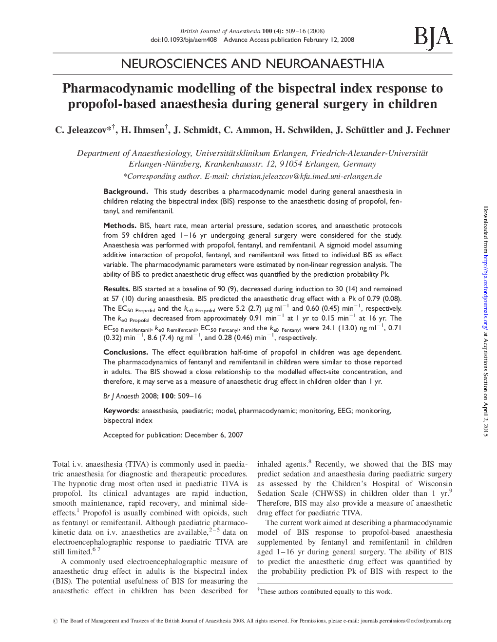 Pharmacodynamic modelling of the bispectral index response to propofol-based anaesthesia during general surgery in children