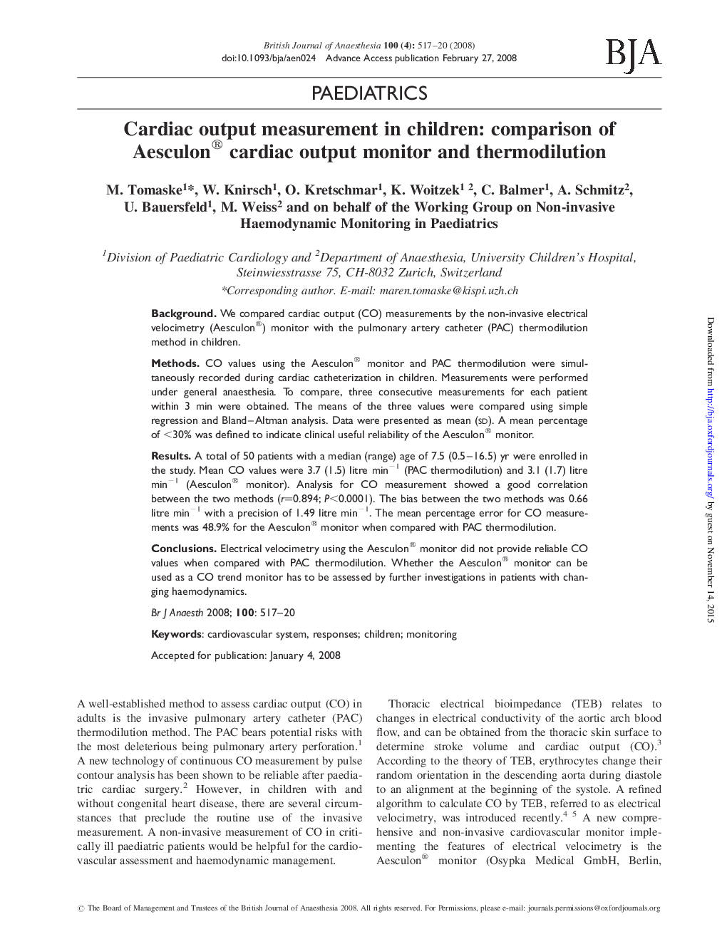 Cardiac output measurement in children: comparison of Aesculon® cardiac output monitor and thermodilution