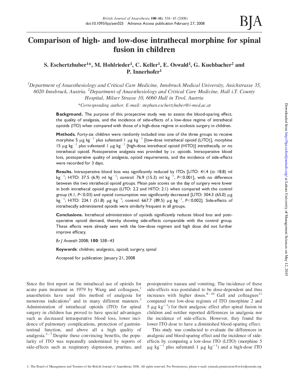 Comparison of high- and low-dose intrathecal morphine for spinal fusion in children