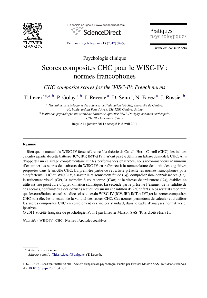 Scores composites CHC pour le WISC-IV : normes francophones