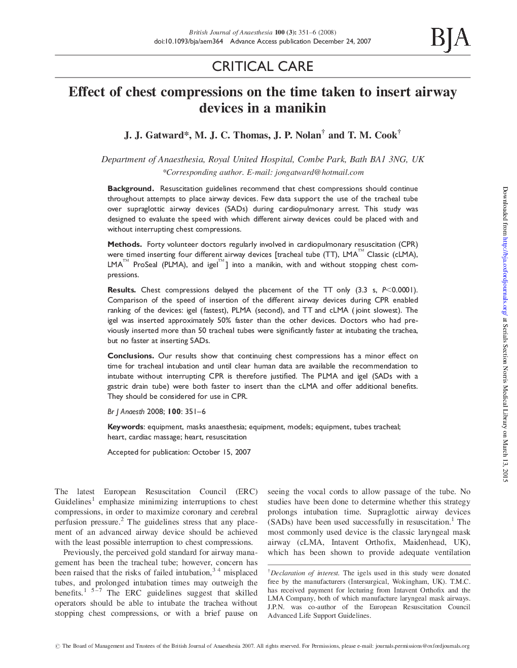 Effect of chest compressions on the time taken to insert airway devices in a manikin