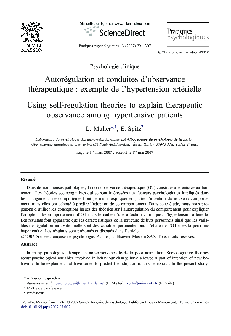 Autorégulation et conduites d'observance thérapeutique : exemple de l'hypertension artérielle