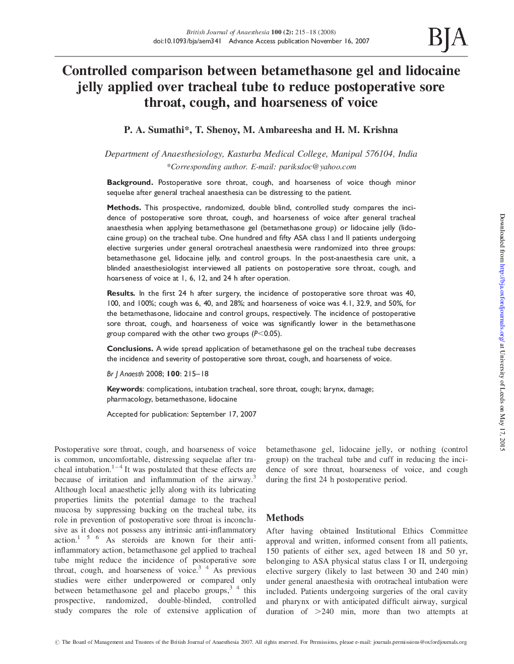 عکس صفحه اول مقاله: Controlled comparison between betamethasone gel and lidocaine jelly applied over tracheal tube to reduce postoperative sore throat, cough, and hoarseness of voice Controlled comparison between betamethasone gel and lidocaine jelly applied over tracheal tube to reduce postoperative sore throat, cough, and hoarseness of voice