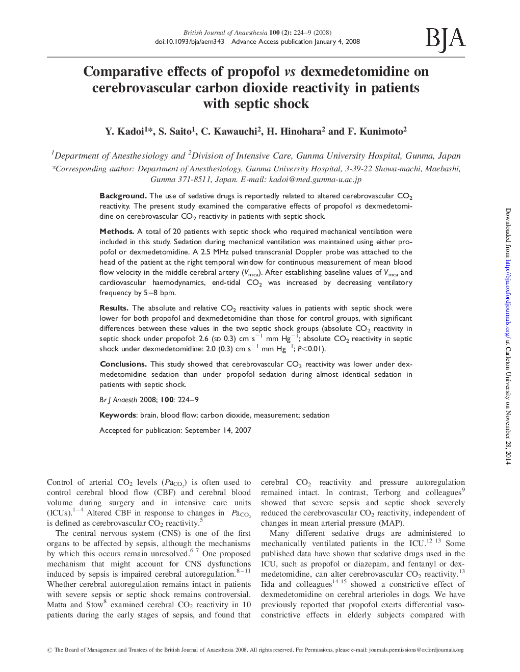 Comparative effects of propofol vs dexmedetomidine on cerebrovascular carbon dioxide reactivity in patients with septic shock