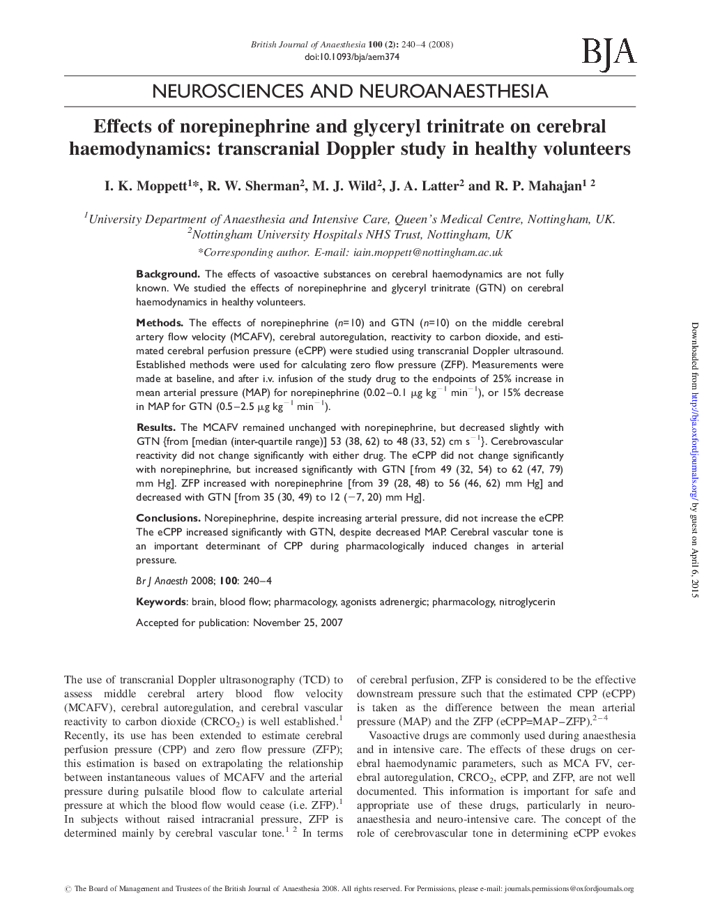 Effects of norepinephrine and glyceryl trinitrate on cerebral haemodynamics: transcranial Doppler study in healthy volunteers